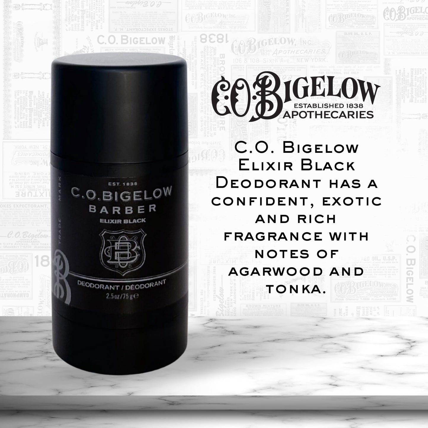 C.O. Bigelow Elixir Black Aluminum Free Deodorant for Men, Musk & Vanilla Scented Non Toxic Deodorant, Gel Stick Formula, 2.5oz
