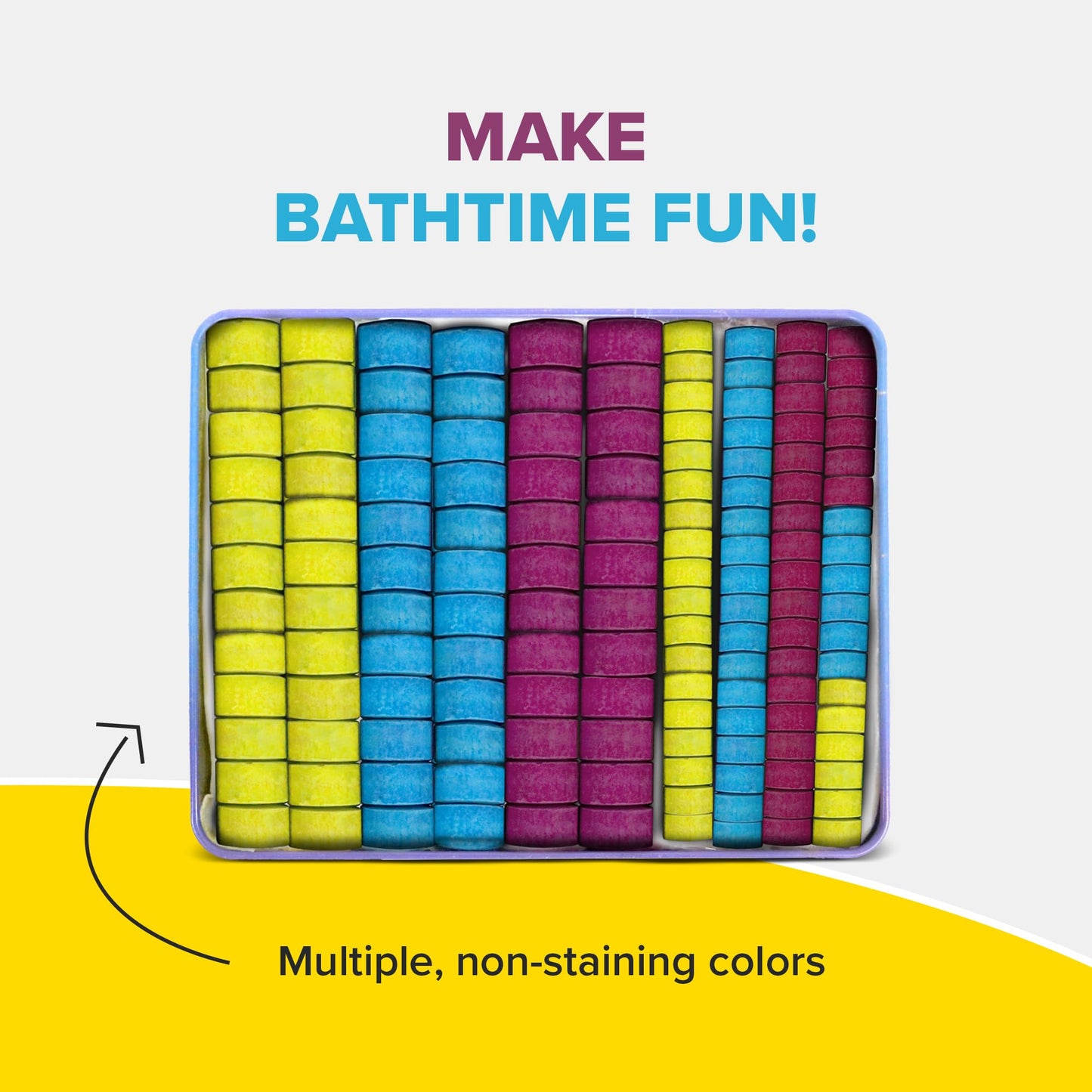 Kid Made Modern Bath Color Tablets for Kids - 450 Non Toxic Bath Drops for Toddlers Blue, Yellow, Pink, and Purple Bathtub Color Fizzies Tablets - Fun & Mini Bath Bombs (150 Count / 3 Pack - Ages 3+)