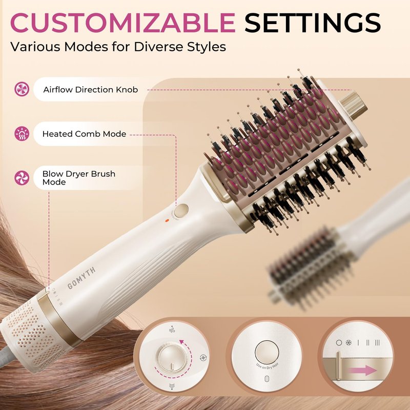 GOMYTH Upgraded 5-in-1 Blow Dryer Brush with Heated Comb - Volumizer Hair Dryer Brush for Wet & Dry Hair, Ideal for Thick Curly Hair, Salon Blowout, Frizz-Free Shiny Hair, Reduced Heat Damage - 70mm