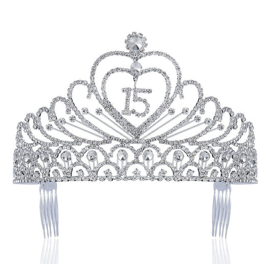 Janefashions Quinceanera Sweet 15 Fifteen 15th Birthday Party coronas de quinceañeras Clear White Austrian Rhinestone Tiara Crown with Hair Combs Princess Gold Silver T1756 (Silver With Combs)