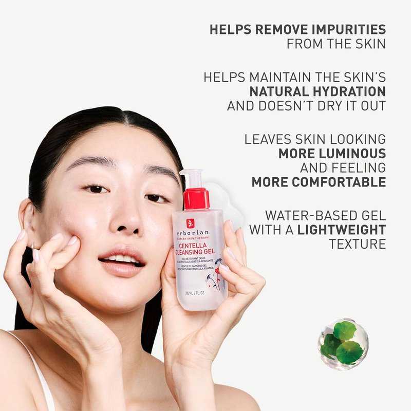 Erborian Centella Cleansing Gel Soothing Face Wash, Calms, Clears Pores, Removes Impurities, Balances & Hydrates Skin, Non‑Stripping, Korean Skincare