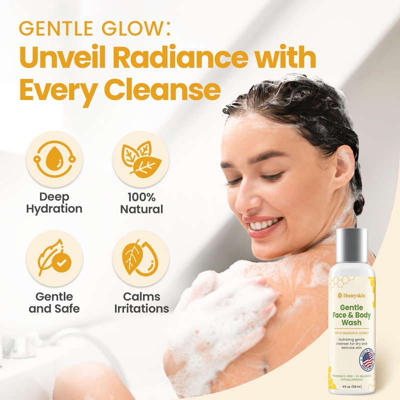 Face and Body Wash for Women and Men - Acne Body Wash Moisturizing for Sensitive Skin - Hydrating Facial Cleanser - Gentle Exfoliating Wash - with Manuka Honey (16oz)