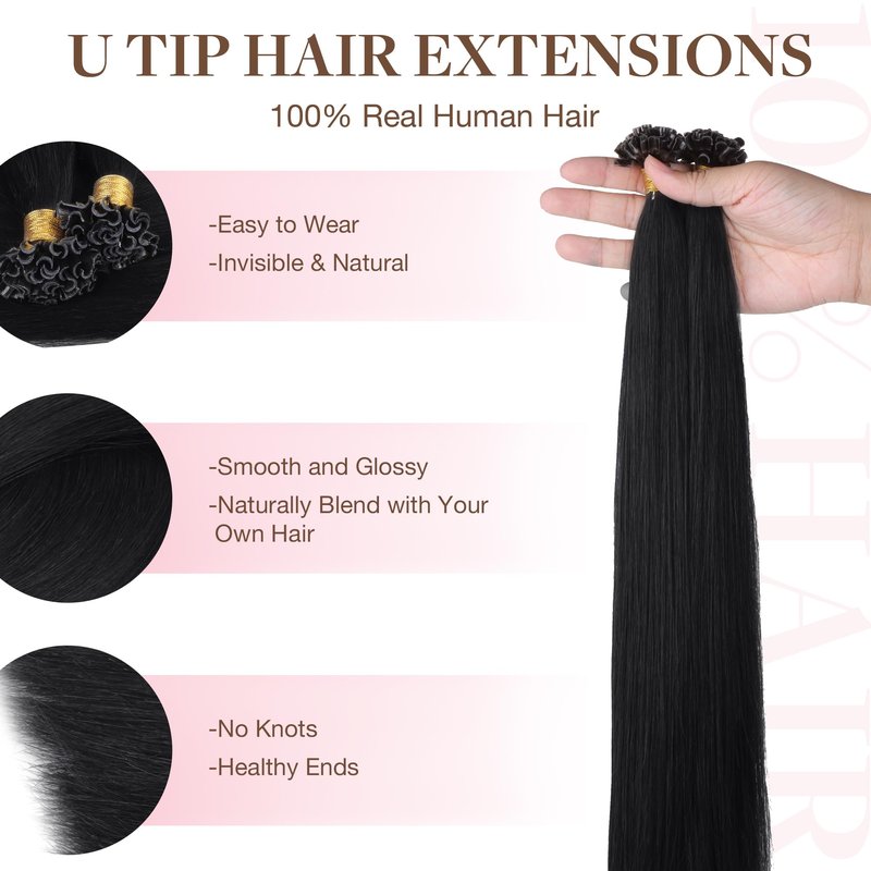GOO GOO U Tip Real Human Hair Extensions, 16inch 50g 50S, Hot Fusion, Jet Black
