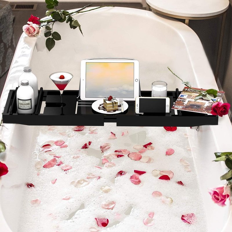 Bathtub Caddy Tray - Expandable Bamboo Tub Tray with Book Holder & Soap Dish | Luxurious Black Design