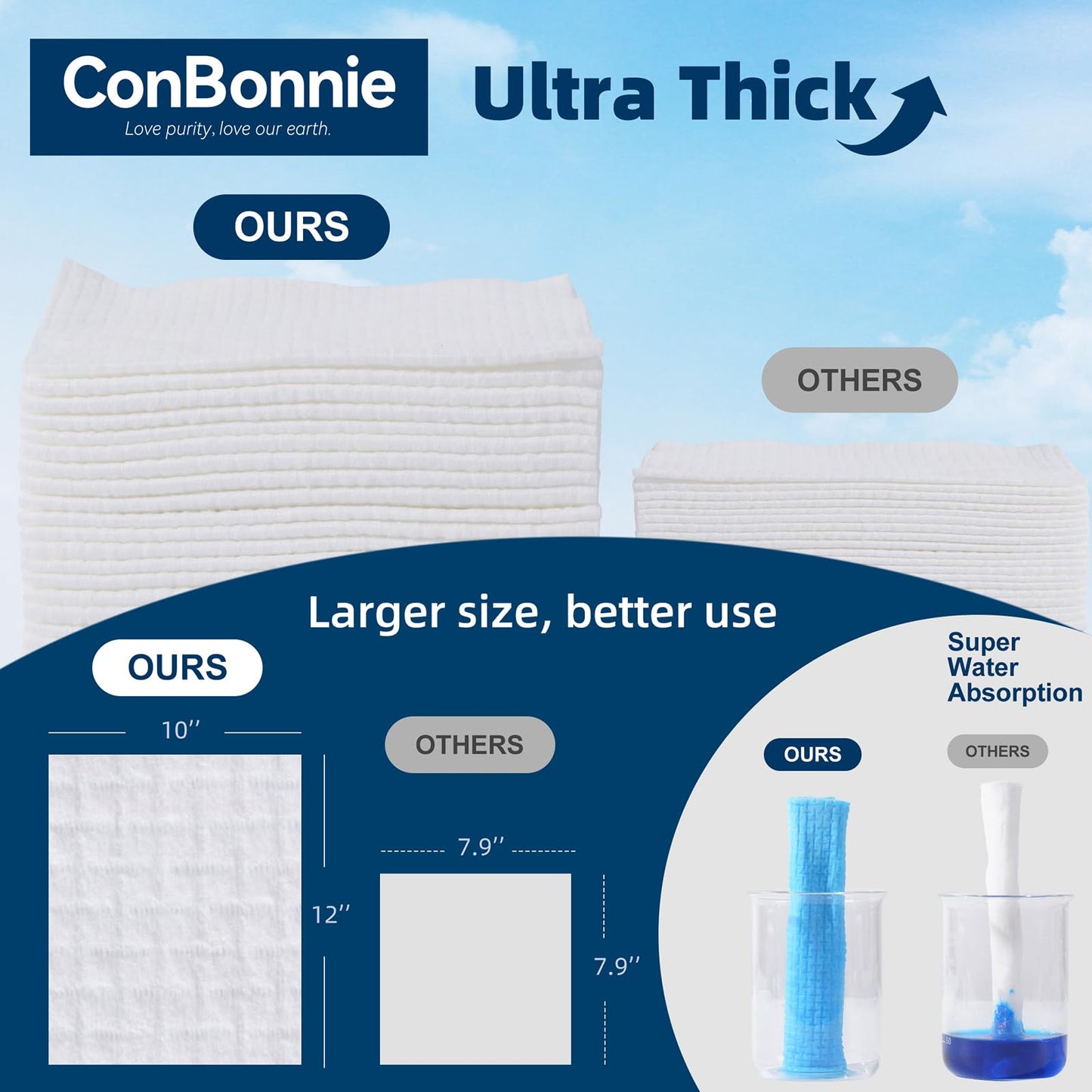 Conbonnie Clean Face Towels XL, Thickened Design, 10"×12" Biobased Facial Towels, Disposable Face Towelette, Makeup Remover Dry Wipes for Skin Care, Clean Skin, 200 Count (4 Pack)
