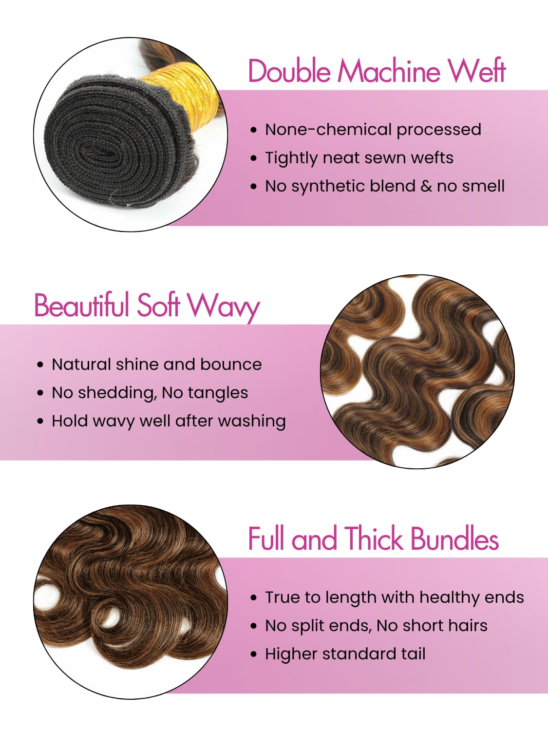 Anmetan F1B30 Highlight 14 Inch Bundles Human Hair Body Wave, 12A Thick Remy Hair Honey Blonde Highlight Black and Brown Single Wavy Bundle 100% Unprocessed Brazilian Human Hair Bundles Balayage Color