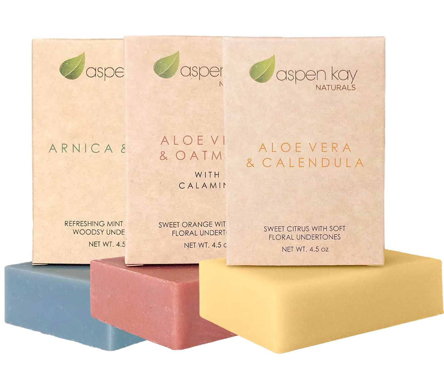 Aspen Kay Naturals Soap Set - Made with Natural and Organic Ingredients. Gentle Soap. 1 Arnica & Mint - 1 Calamine Soap – 1 Calendula Soap - 4.5oz Bar