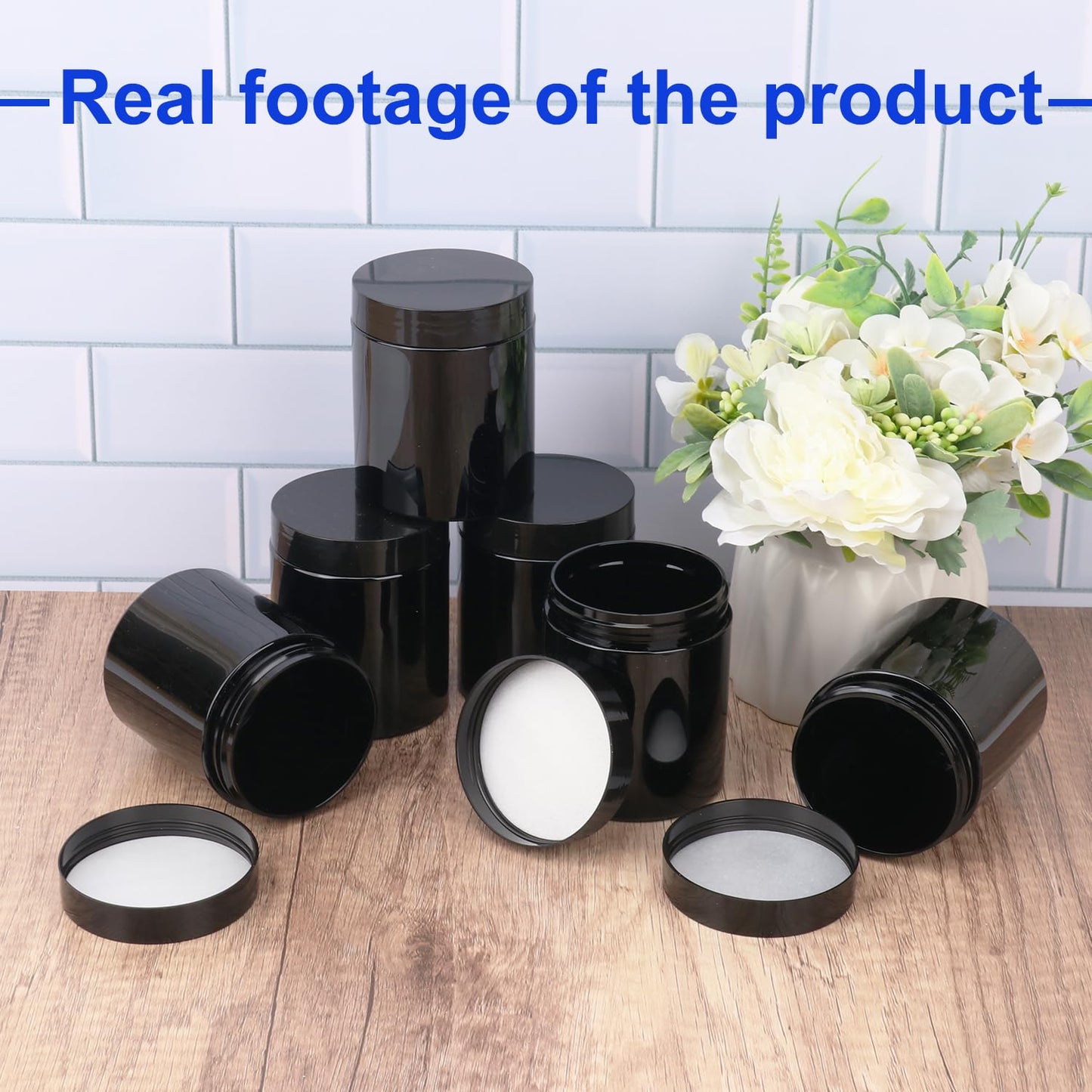IHDYPPEW 48 Pack 8 OZ Plastic Jars with Black Lids, Empty Plastic Mason Jars, Cosmetic Jar with Lids for Cream, Body Butters, Moisturizers, Candy, Beads, Samples (Black)
