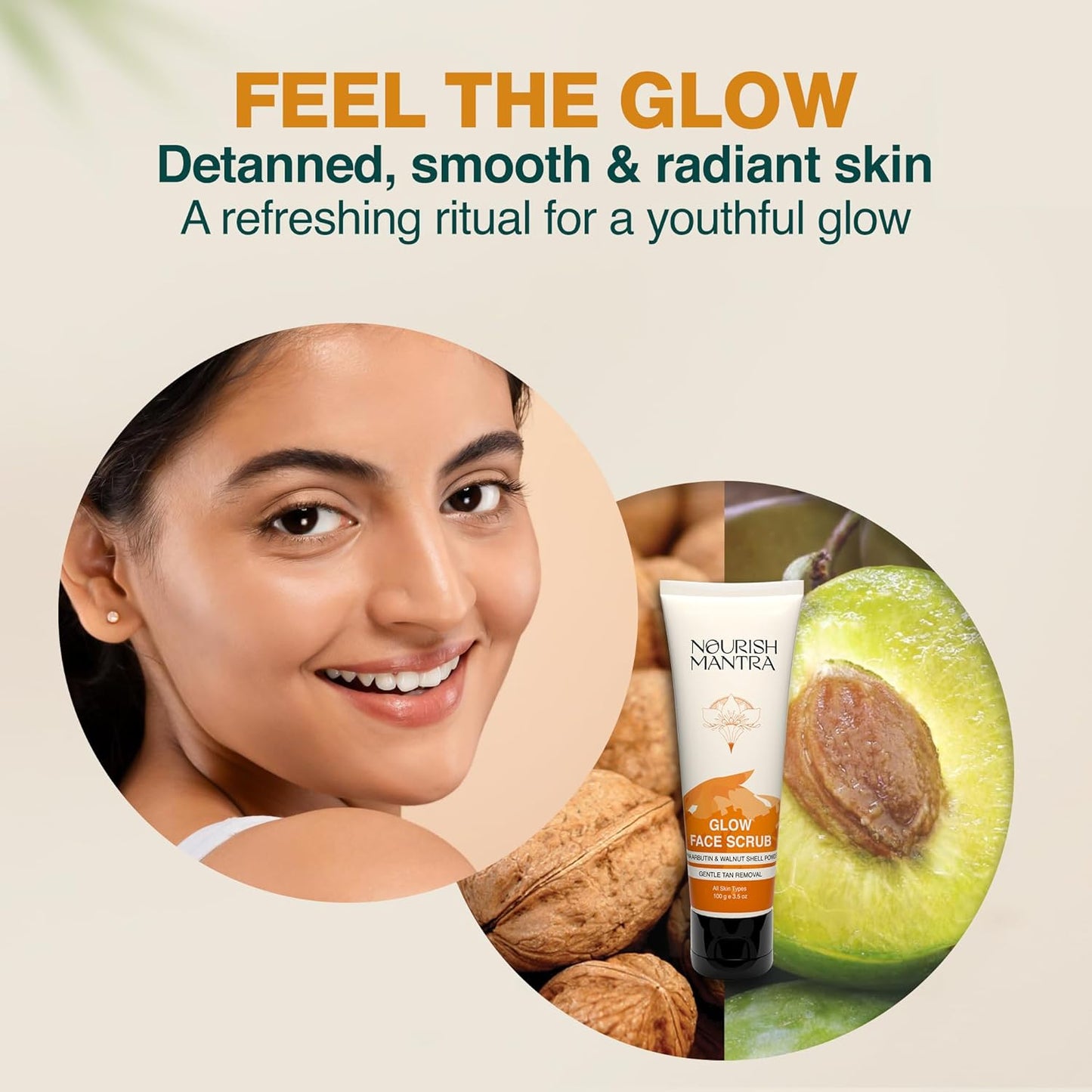 Glow Face Scrub - Tan Removal & Gentle Exfoliation | Walnut Shell Powder, Alpha Arbutin, Hyaluronic Acid | 100 ml, All Skin Types