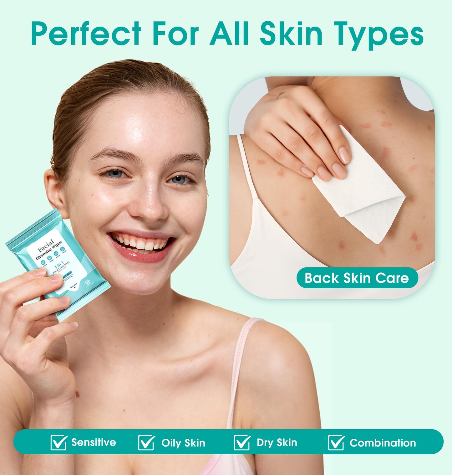 Facial Cleansing Wipes, Tea Tree Oil Extract for Face Cleansing, Salicylic Acid for Acne Treatment, Hydrating Pore Care for Sensitive Skin, Exfoliating & Soothing Double-Sided Cleansing Wipes (28PCS)
