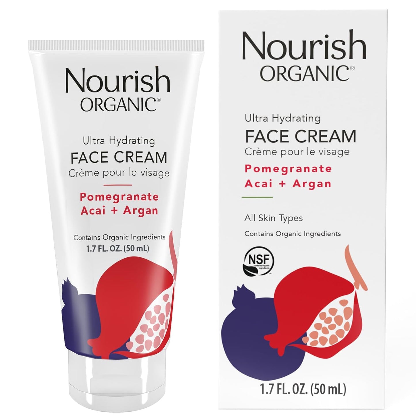 Nourish Organic Face Cream - Ultra Hydrating Pomegranate Acai & Argan | 1.7 Oz with Aloe Vera & Green Tea Extract