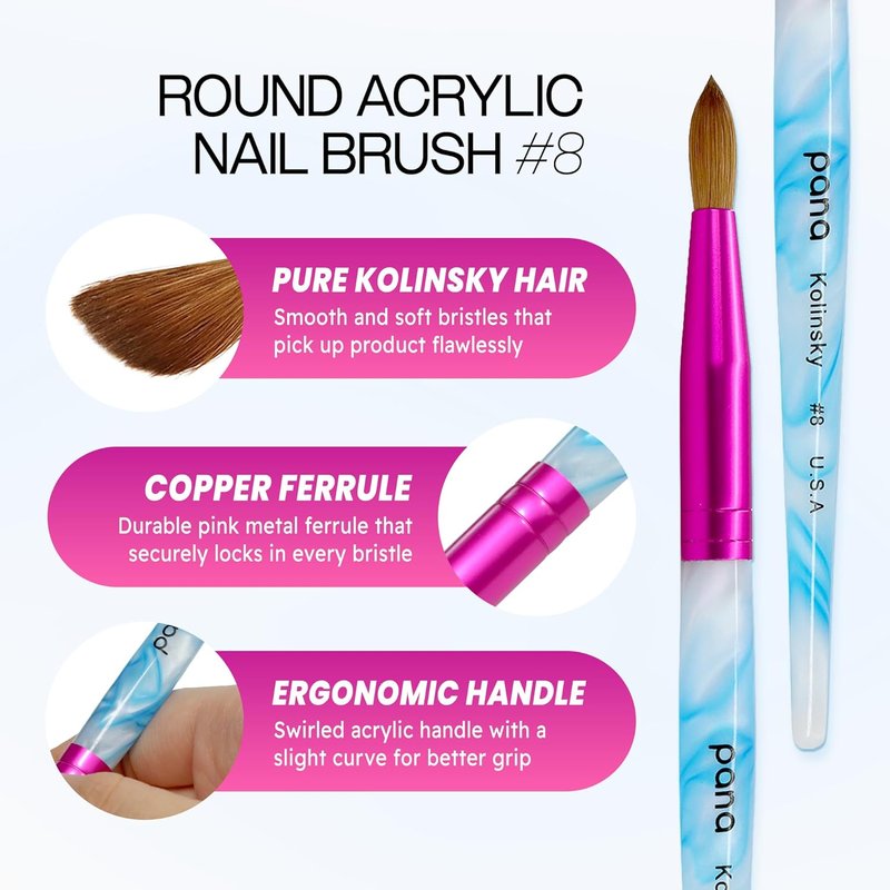 Acrylic Nail Brush - Pure Kolinsky Hair with Blue Swirl Handle | Size 8, Round Shape