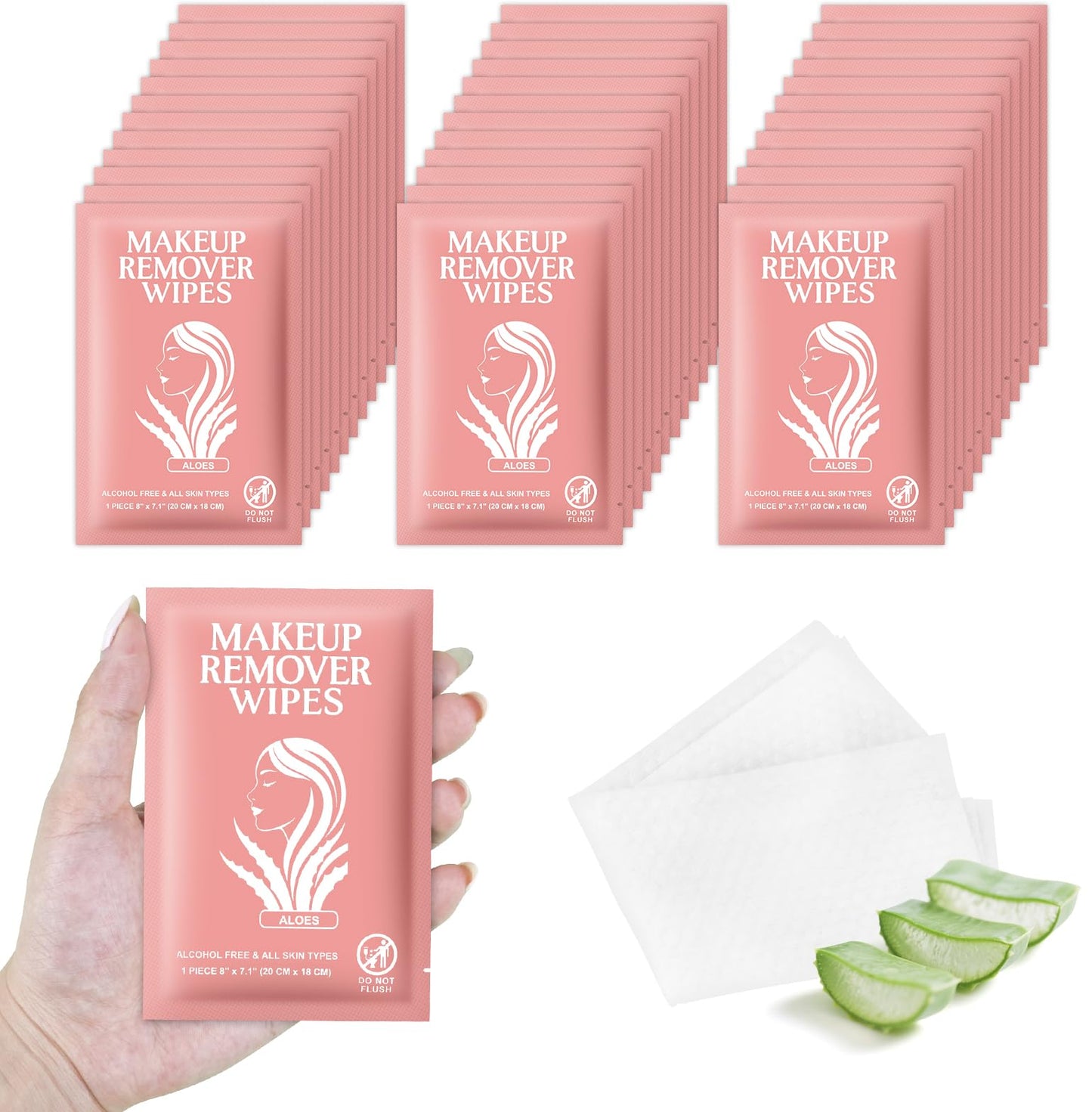 Makeup Remover Wipes Individually Wrapped Facial Cleansing Towelettes Bulk, Disposable Cleanser Makeup Removal Cloths Pad for Oil Dirt Skin Care Removing Mascara Lipstick Travel Hotel Aloes (200 Pack)