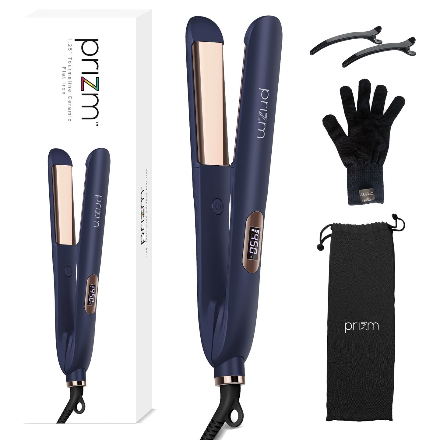Prizm 1.25 inch (32mm) Flat Iron, Hair Straightener and Curler 2 in 1, Fast Heating Ceramic & Adjust Temp 330°F to 450°F, Dual Voltage Hair Iron for Travel, Gift, Auto Shut-Off, Prussian Blue