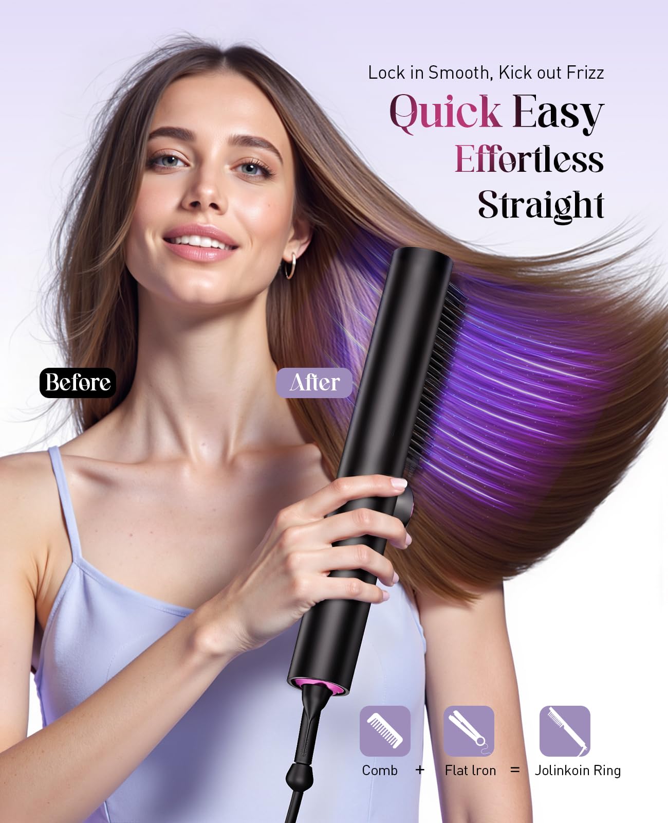 JolinKoin Hair Straightener Brush: Ionic Hair Straighteners for Women with 15 Temps, Straightening Brush Fast Heating with LED Display & Dual Voltage