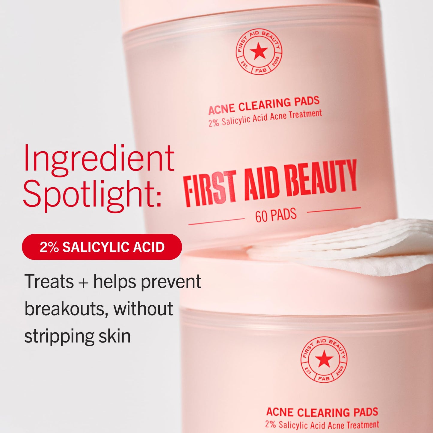 First Aid Beauty Acne Treatment Pads, 2% Salicylic Acid Maximum Strength Acne Pads for Face, Non-Drying Formula, Sensitive Skin, 60 ct