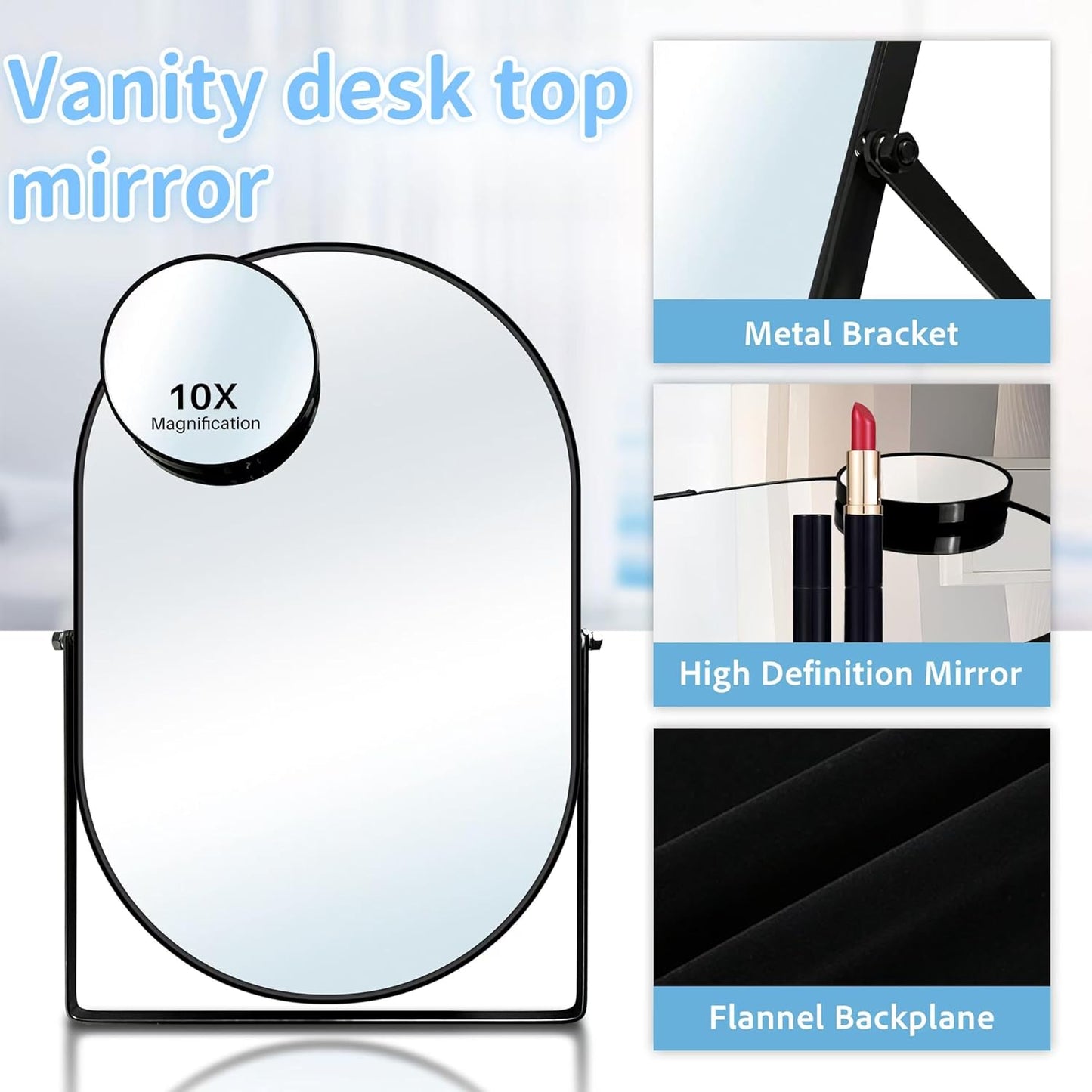 360° Adjustable Vintage Metal Framed Desk Mirror - Tabletop Vanity Mirror with 10X Magnification | Black Oval