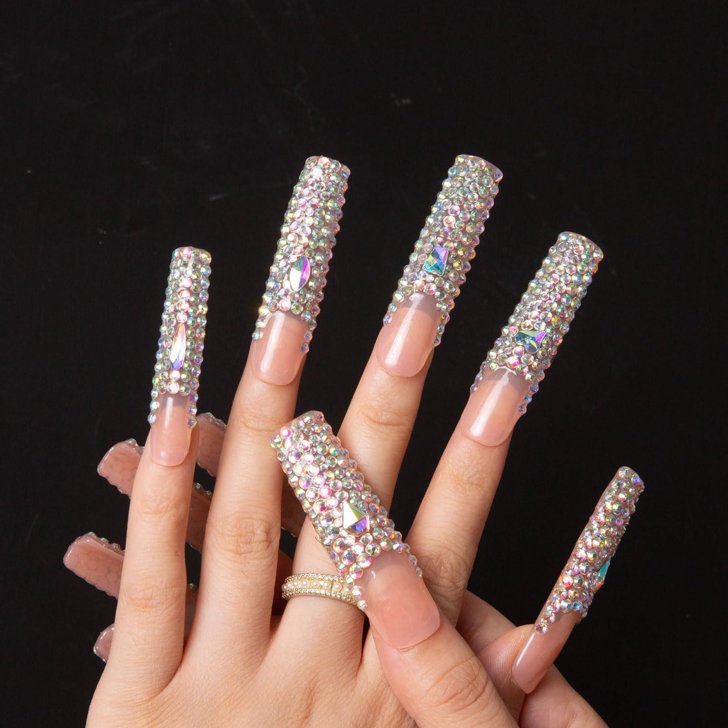 Press On Nails - Angel's Tear | Handmade Full-Covered Crystals | Reusable Square Long 2.2 in