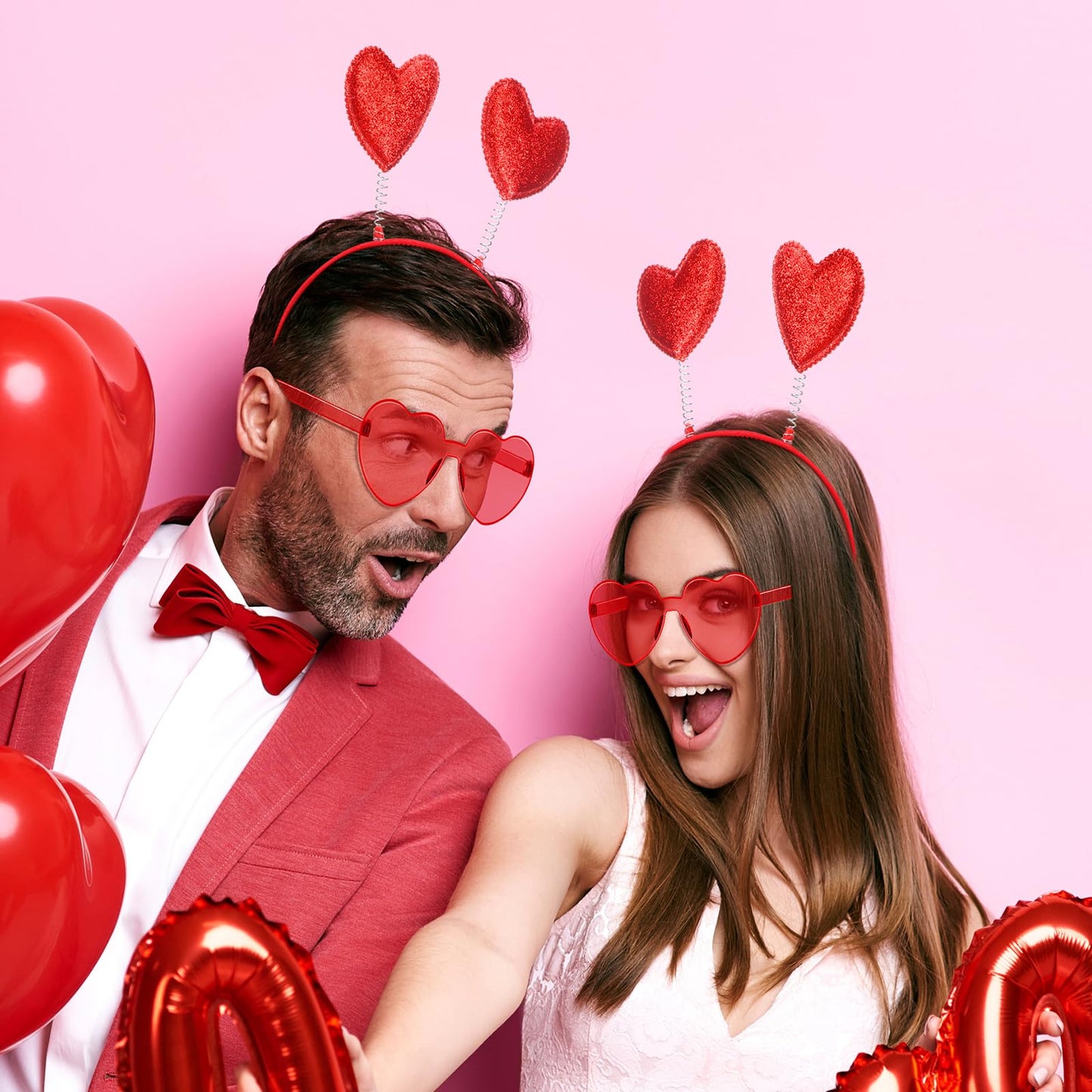 Yunsailing 48 Pcs Valentines Heart Head Boppers Headbands and Heart Sunglasses for Party Accessories(Red)