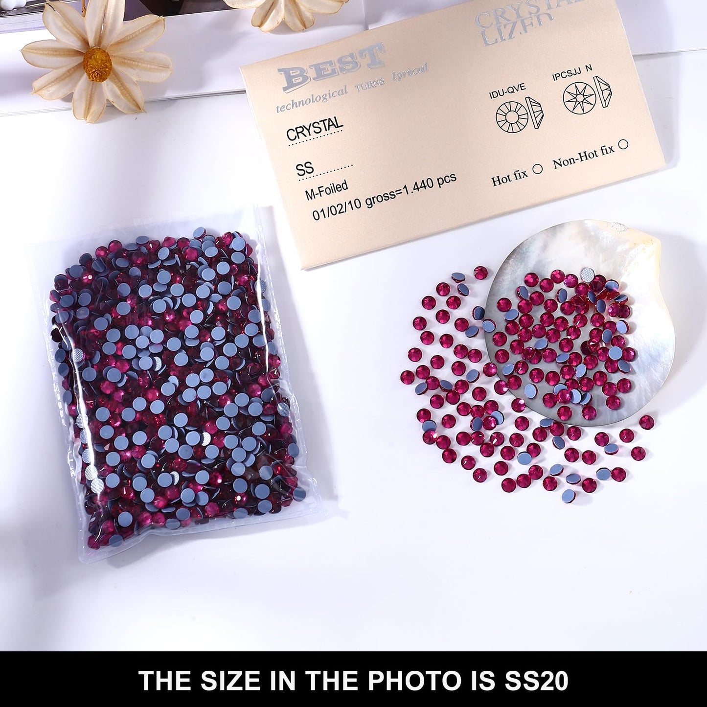 Novani Hotfix Rhinestones 1440pcs Fuchsia Round Iron on Rhinestone Style 2088 Sparkly Crystal Gemstones for Fabric and Crafting, SS20 (4.6-4.8mm)