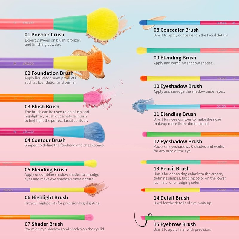 Docolor Makeup Brushes - 15-Piece Colorful Synthetic Brush Set for Face & Eyes | Premium Kabuki, Contour, Blush, and Eyeshadow Tools