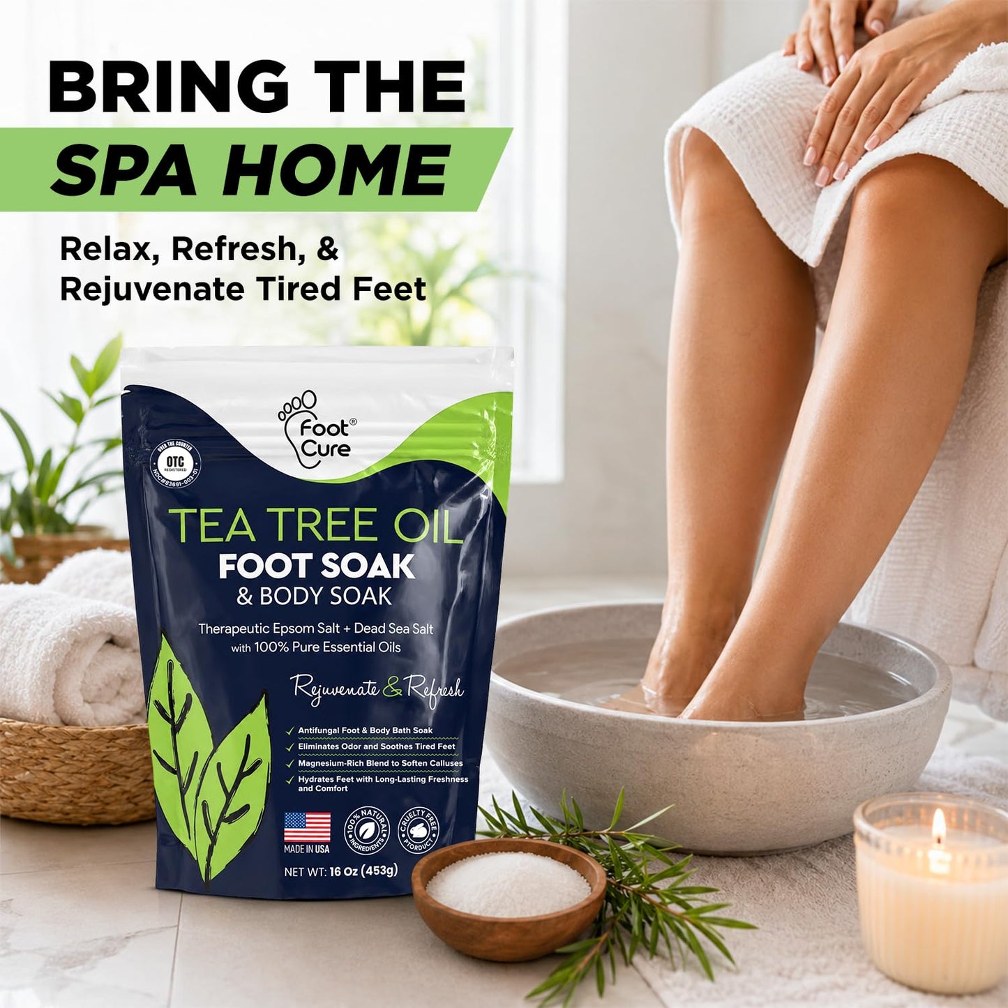 FOOT CURE Tea Tree Oil Foot Soak with Epsom Salt - Best Toenail Fungus Treatment, Athletes Foot & Softens Calluses - Soothes Sore & Tired Feet, Fungal Toe, Foot Odor Scent, Spa Pedicure (Pack of 2)