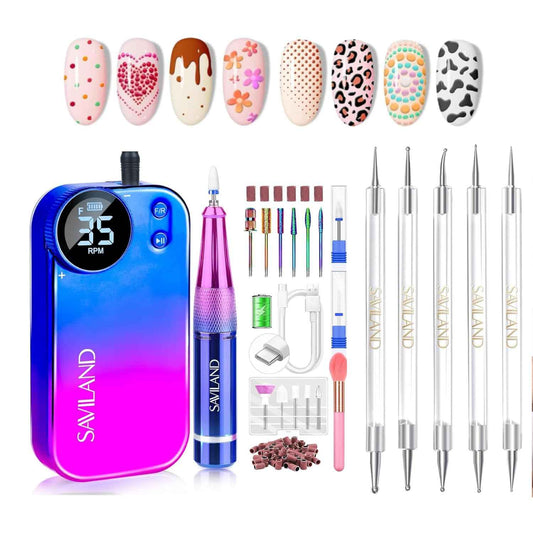 Electric Nail Drill 35000RPM - Portable Nail File & 5 Dotting Tools for Acrylic Nails