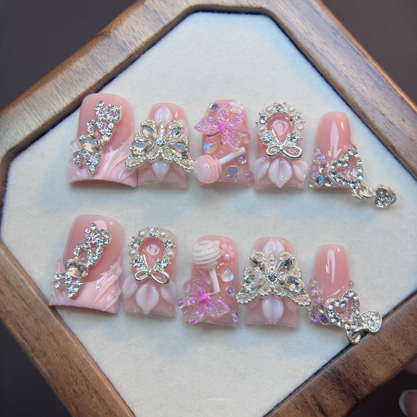 Duck Press on Nails Handmade Acrylic Nails Press Ons 3D Luxury Rhinestone Butterfly Designs Muti-Layer Gel Medium False Nails Full Cover Thicken Stick on Nails for Women Nail Art DIY 10 Pcs（M)