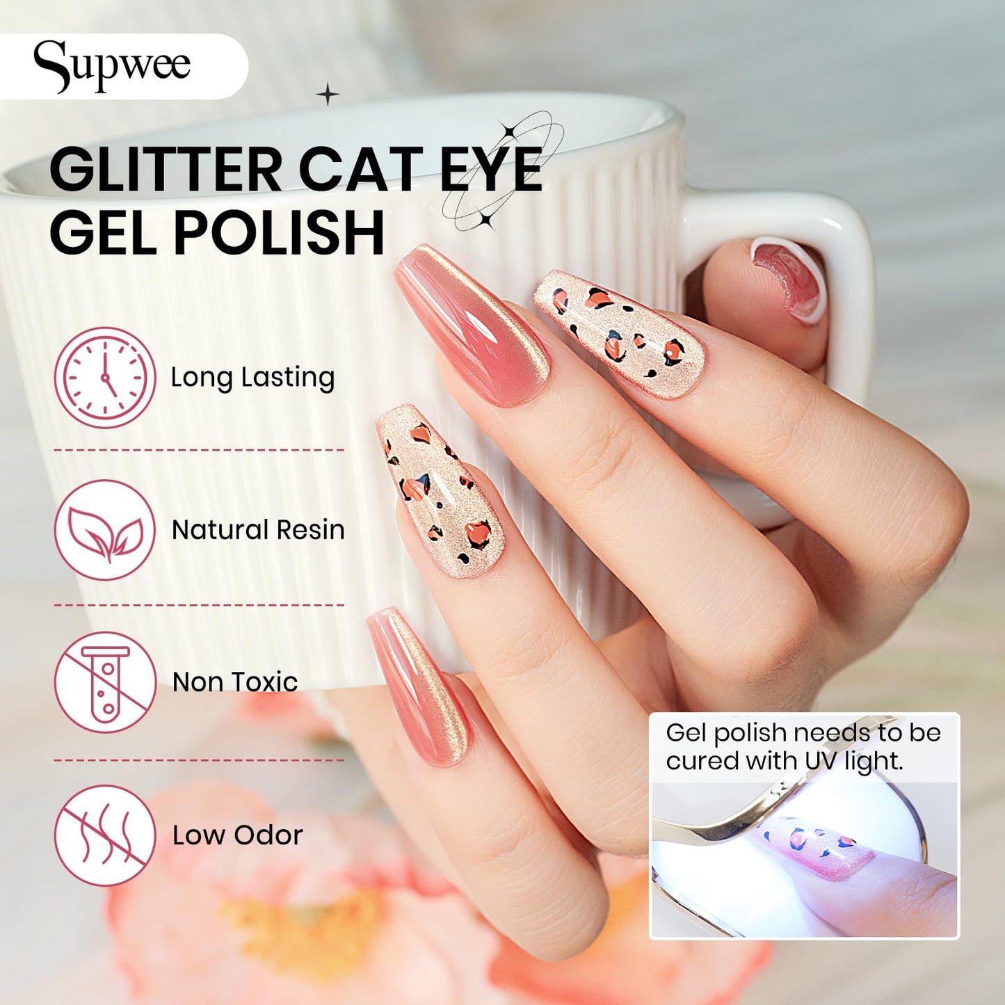 SUPWEE Cat Eye Gel Nail Polish Set,12 Colors Gold Glitter Holographic CatEye Gel Polish with Magnetic Stick,Sliver Brown Pink Red Cat Eye Soak Off UV DIY Home Salon Manicure