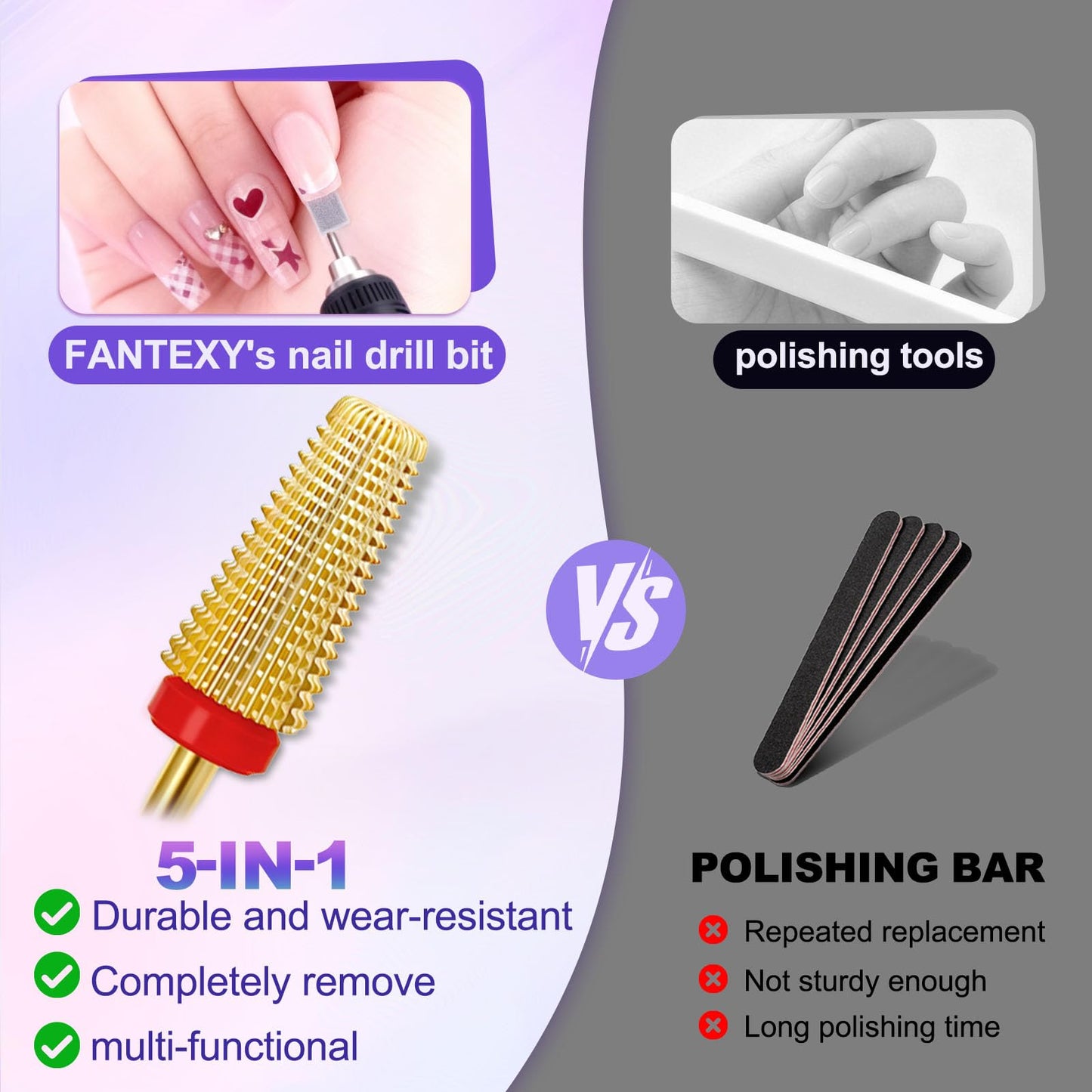 FANTEXY 5-in-1 Tungsten Carbide Nail Drill Bit, 3/32", Fine-F