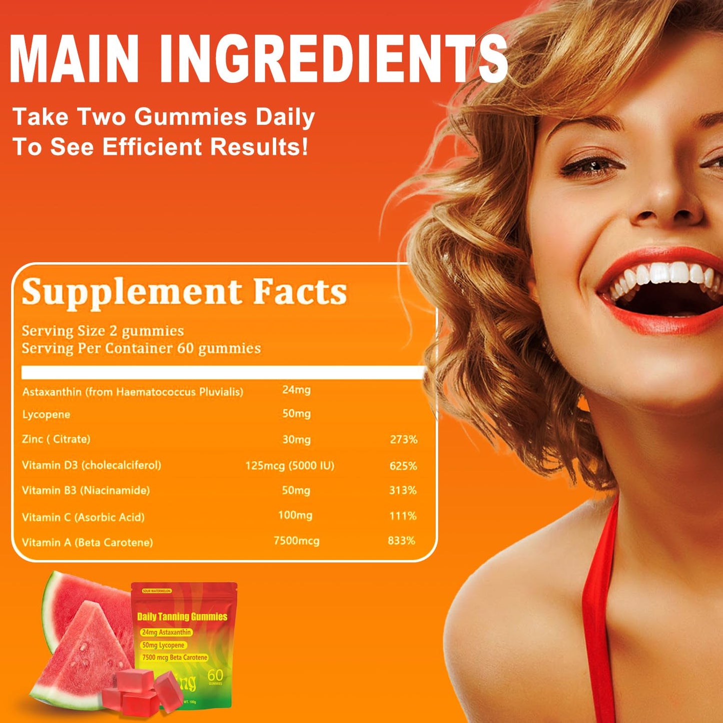 TailTrespass Tanning Gummies, Daily Tanning Gummies with Astaxanthin, Lycopene & Beta Carotene for Skin Health & Glow, Vegan, Non-GMO, 60 Count