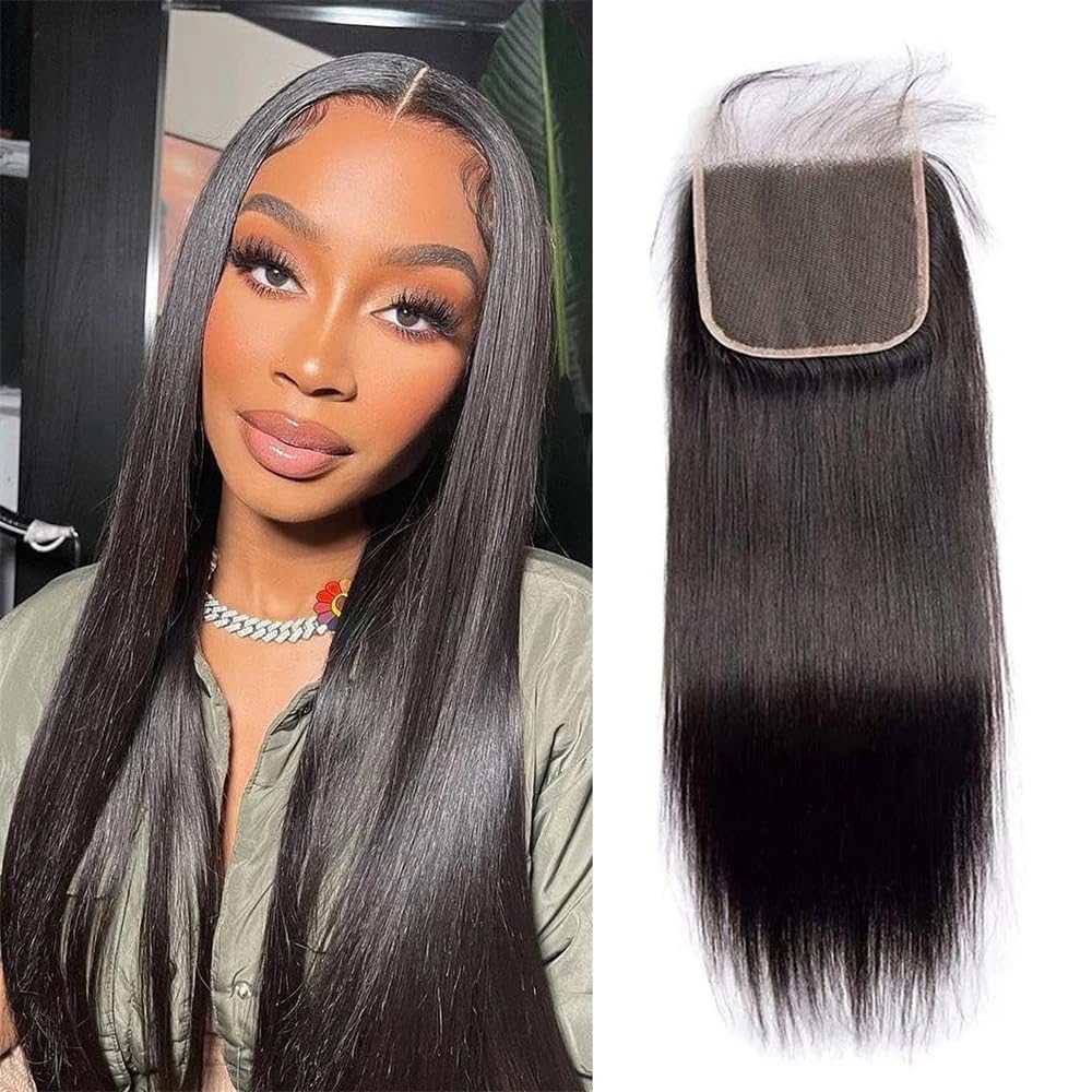 Human Hair Lace Closure - 5x5 Straight HD Transparent Lace | Pre-Plucked with Baby Hair, 12 Inch, Natural Black