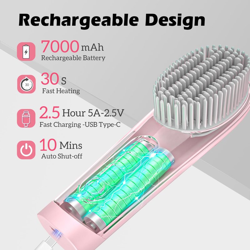 Go Brush Pro Cordless Portable Hair Straightener Brush - 30s Quick Heat, 150M Negative Ions, USB-C Rechargeable, 7000mAh - Pink for Women & Travel