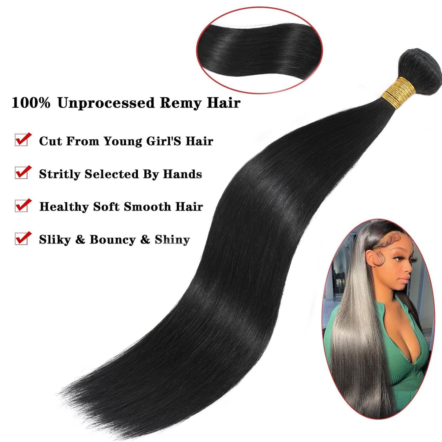 NROOEAY Straight Bundles Human Hair 24 inch 100% Unprocessed Brazilian Straight Hair Bundles 12A Remy Virgin Retain the Intact Cuticle, Long Lifespan