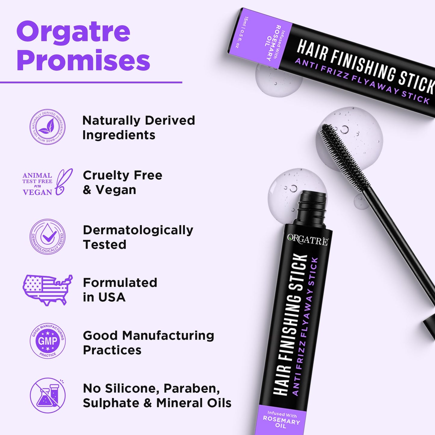 Orgatre Hair Finishing Stick for Flyaways – Anti-Frizz Hair Wax Stick for Smooth, Sleek Hair – Curl Definer & Long-Lasting Hold – Non-Greasy Hair Styling Solution for Women – 15g