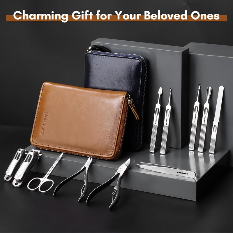 Professional Manicure Set - 11-Piece Stainless Steel Nail Clippers & Pedicure Tools | Portable Brown Leather Travel Case for Men