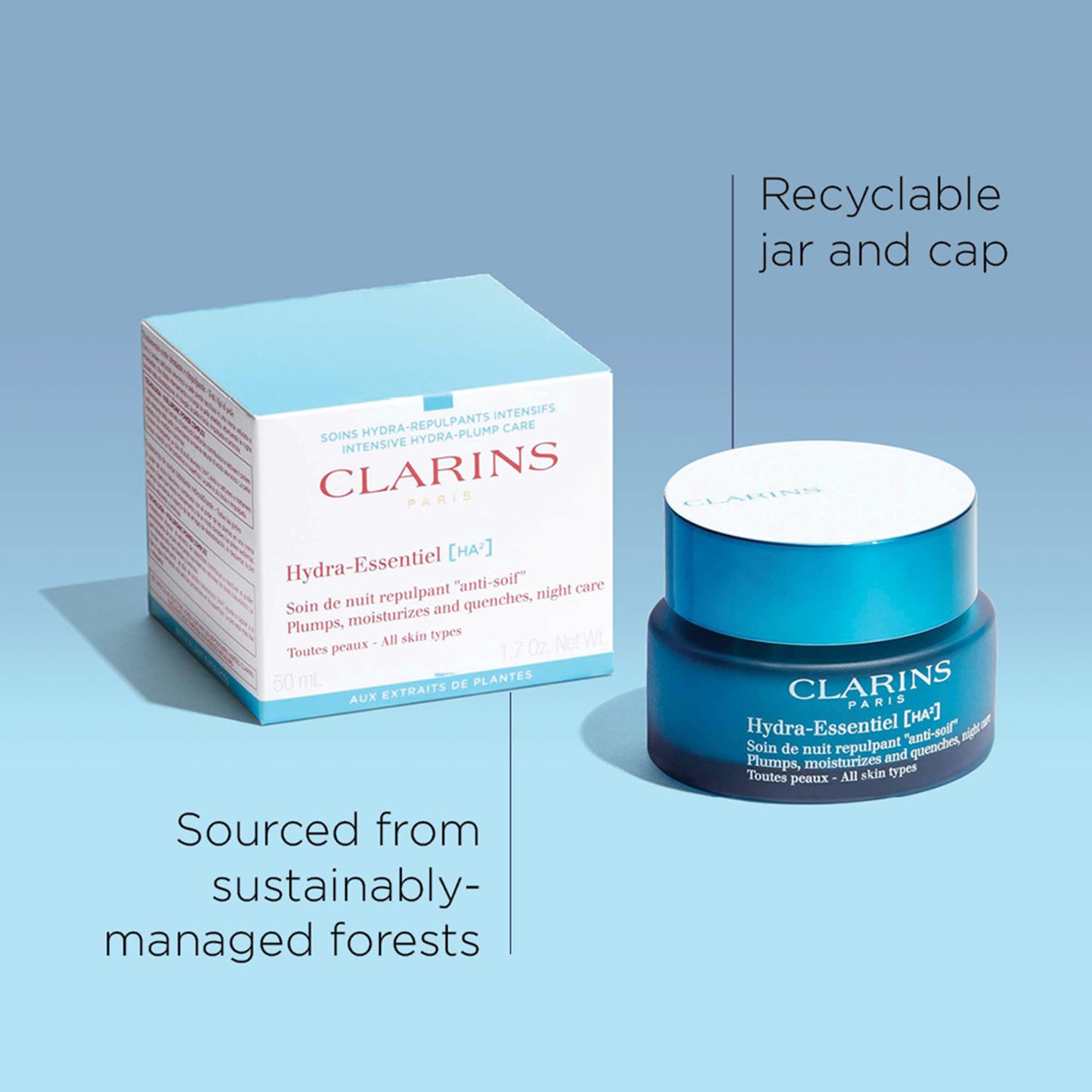 Clarins Hydra-Essentiel Night Cream | Intense Hydrating Moisturizer | 60 Seconds to Plumper Skin* | 24H Hydration* | Double Dose Of Hyaluronic Acid | Vegetal Squalane | All Skin Types | 1.7 Oz