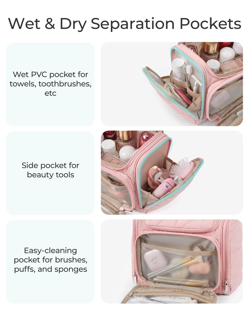 BAGSMART Toiletry Bag Travel Bag with Hanging Hook, Water-resistant Lightweight Puffy Makeup Bag Large Wide-open Travel Bag for Women Travel Organizer for Accessories, Cosmetics, Toiletries, Nude Pink