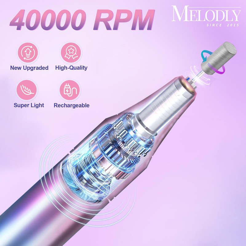 Electric Nail Drill File Professional 40000 RPM, Melodly Rechargeable Electric Nail File Machine Kit for Acrylic Gel Nails Polishing Removing, Portable Cordless Efile with Gold Bits Kit at Salon Home