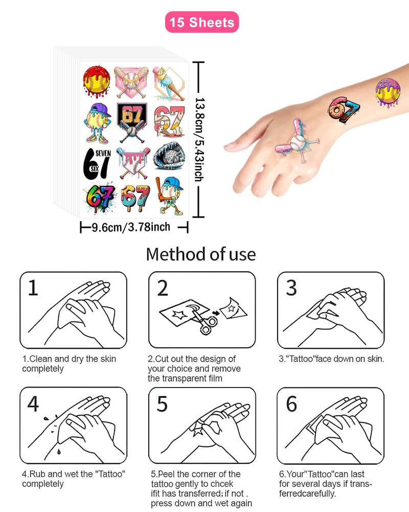 YanZonic 166Pcs Drip Baseball Temporary Tattoos - 6 7 Pink Baseball Theme Party, Ice Cream Drip Party Decorations, Baseball Drip Party Gift, 15 Sheets 48 Styles