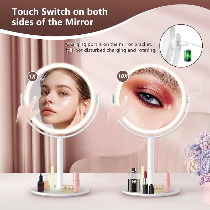 Magnifying Makeup Mirror with Light - 3 Color Settings, Rechargeable, Double-Sided | 8.6-Inch Large