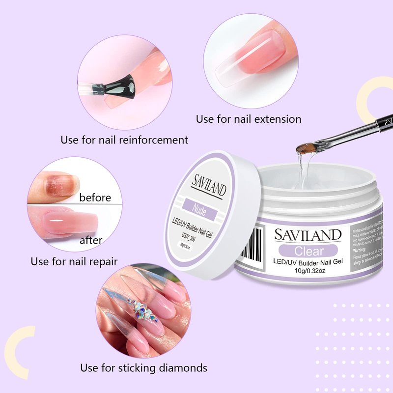 SAVILAND Builder Nail Gel Set - 2 Basic Colors Nail Extension Kit for Thickening Strengthening & Apex Building with Foundation Gel Top Gels LED Lamp Brush 100 Pcs Nails Forms for Home Salon
