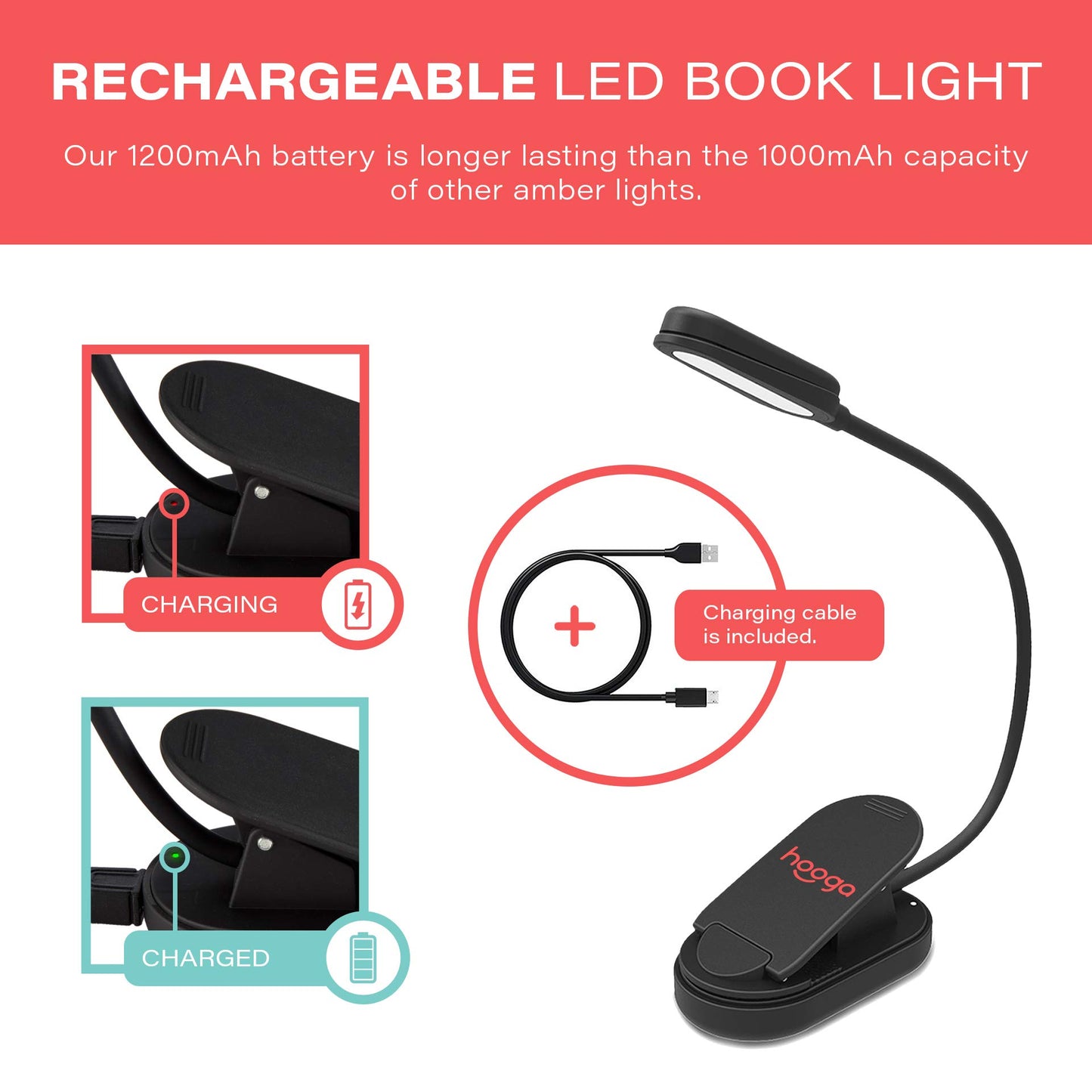 hooga Amber Book Light, Rechargeable Clip-On Blue Light Blocking LED Reading Light, 1600K Warm Eye Care for Bed, Students, Kids, Travel, Nursing, Studying
