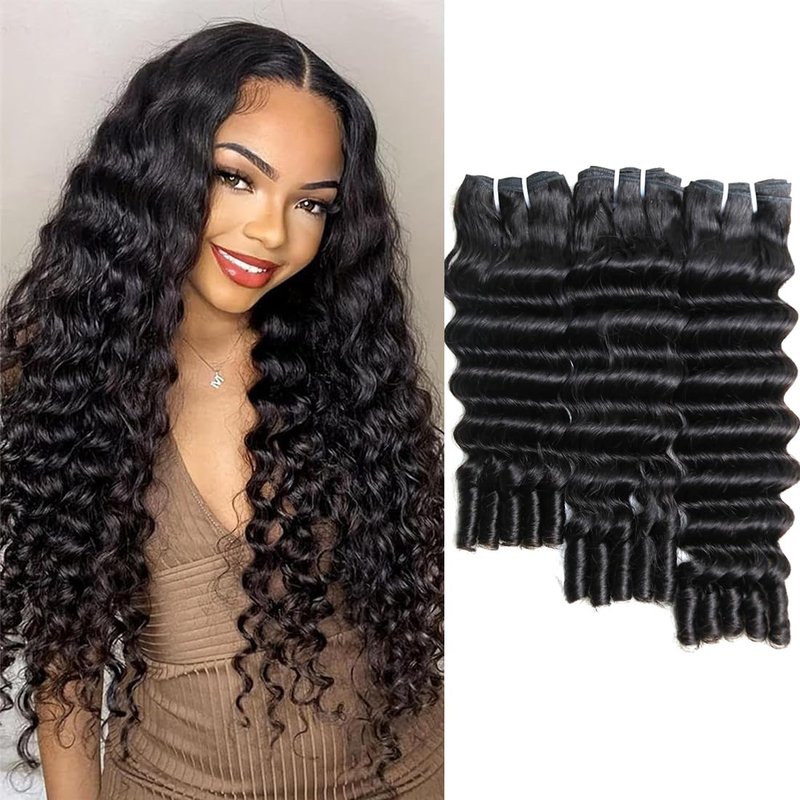 SWEETGIRL Deep Wave Human Hair Bundles Burmese Curly Bundles Human Hair Quick Weave with Spiral End Sew in Hair Extensions Real Virgin Remy Hair 18 Inches 1 Bundle Natural Color