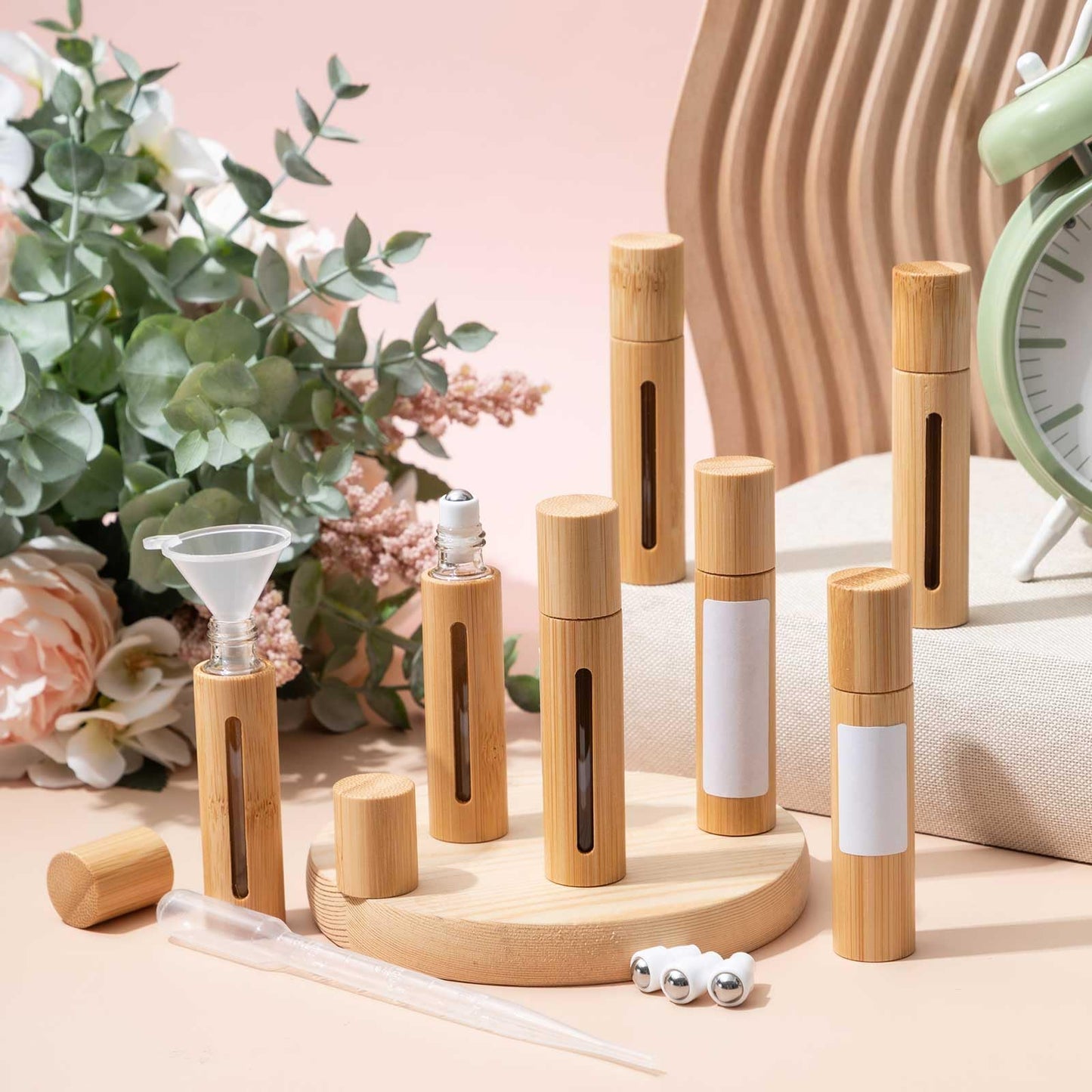 BrightRow 18 Pcs 10ml Bamboo Roll on Bottles for Essential Oils, Empty Bottles with Stainless Steel Roller Balls with Funnels, 3ml Droppers and Stickers