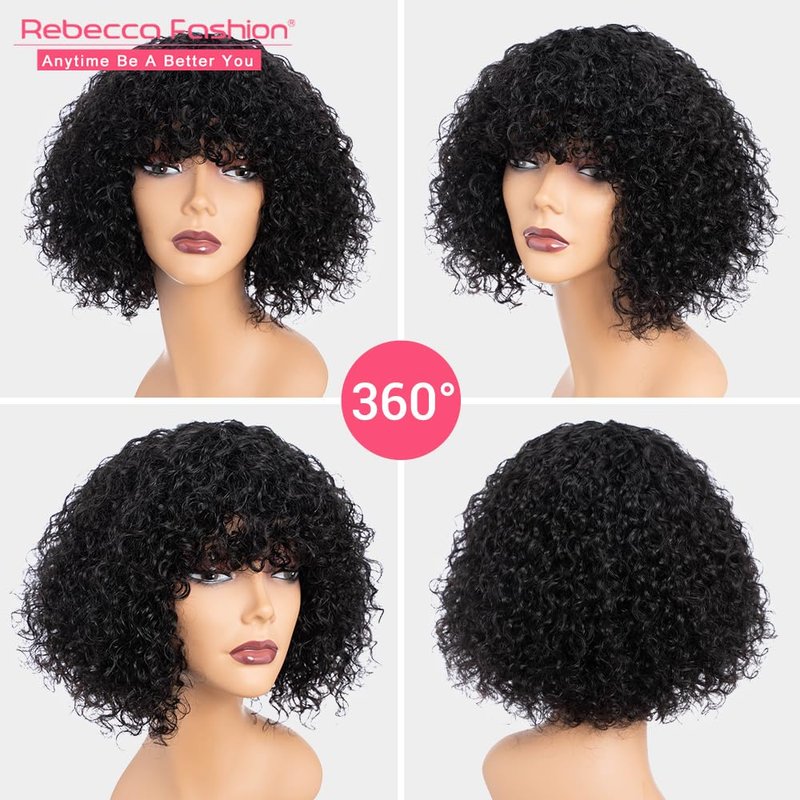 Curly Bob Wig with Bangs - 10 Inch Human Hair Water Wave | Glueless Brazilian Remy for Black Women