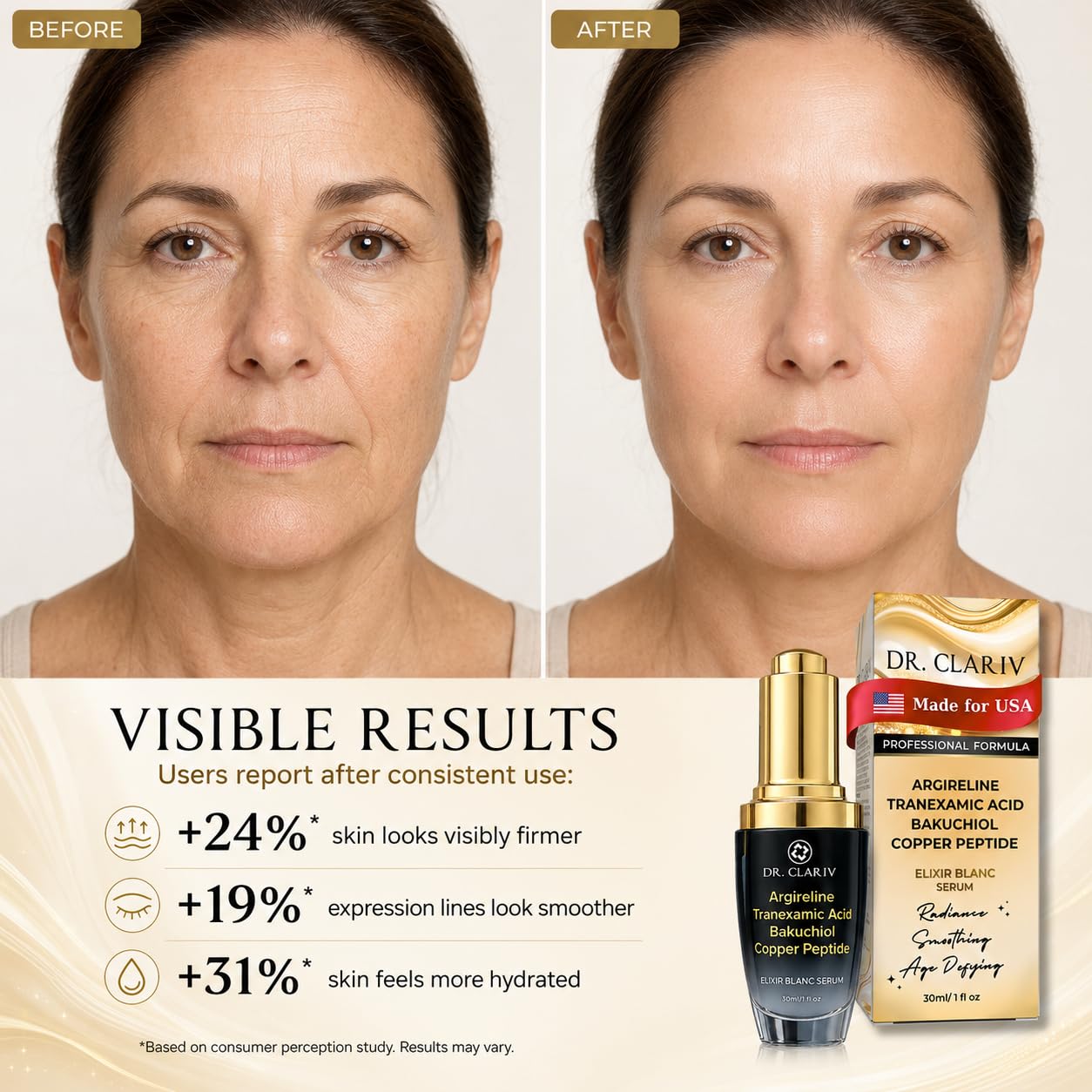 DR. CLARIV Argireline Peptide Serum with Tranexamic Acid, Bakuchiol & Copper Peptide, Daily Face Serum for Fine Lines, Firm Feel, Smooth Texture & Hydration, Lightweight Anti Aging Serum, 1 Fl Oz