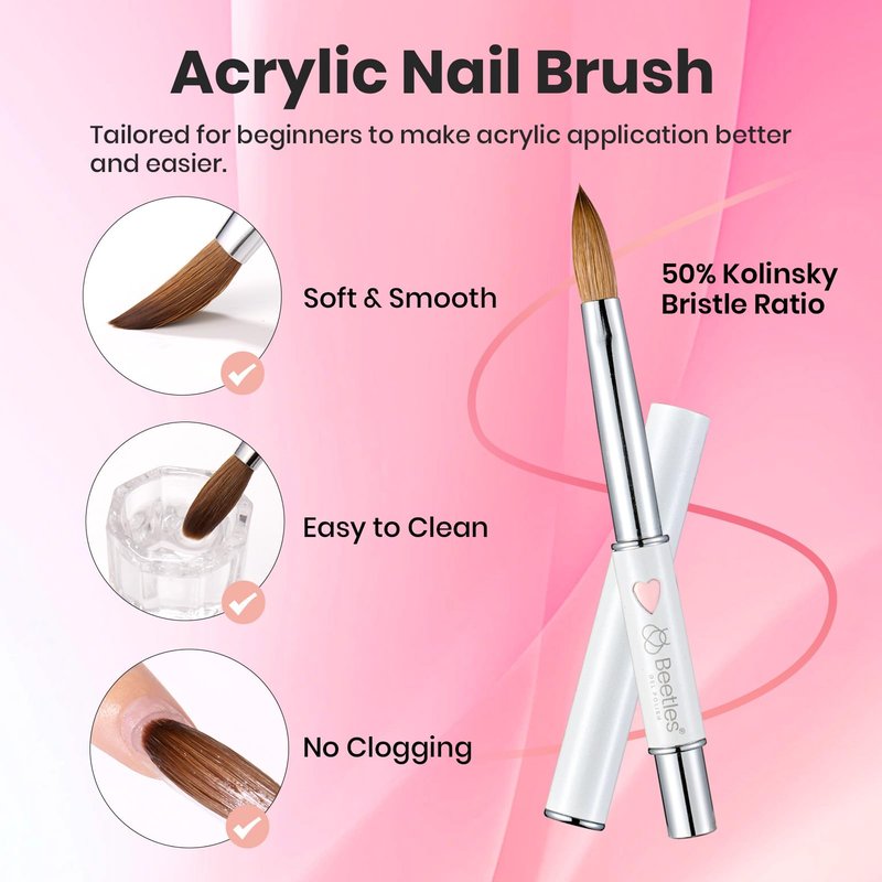 Beetles Acrylic Nail Brush Kolinsky Hair Bristles Round Shaped Metal Handle Nail Art Brushes for Manicure Extension Acrylic Powder DIY at Home Manicure Tool - Size 10