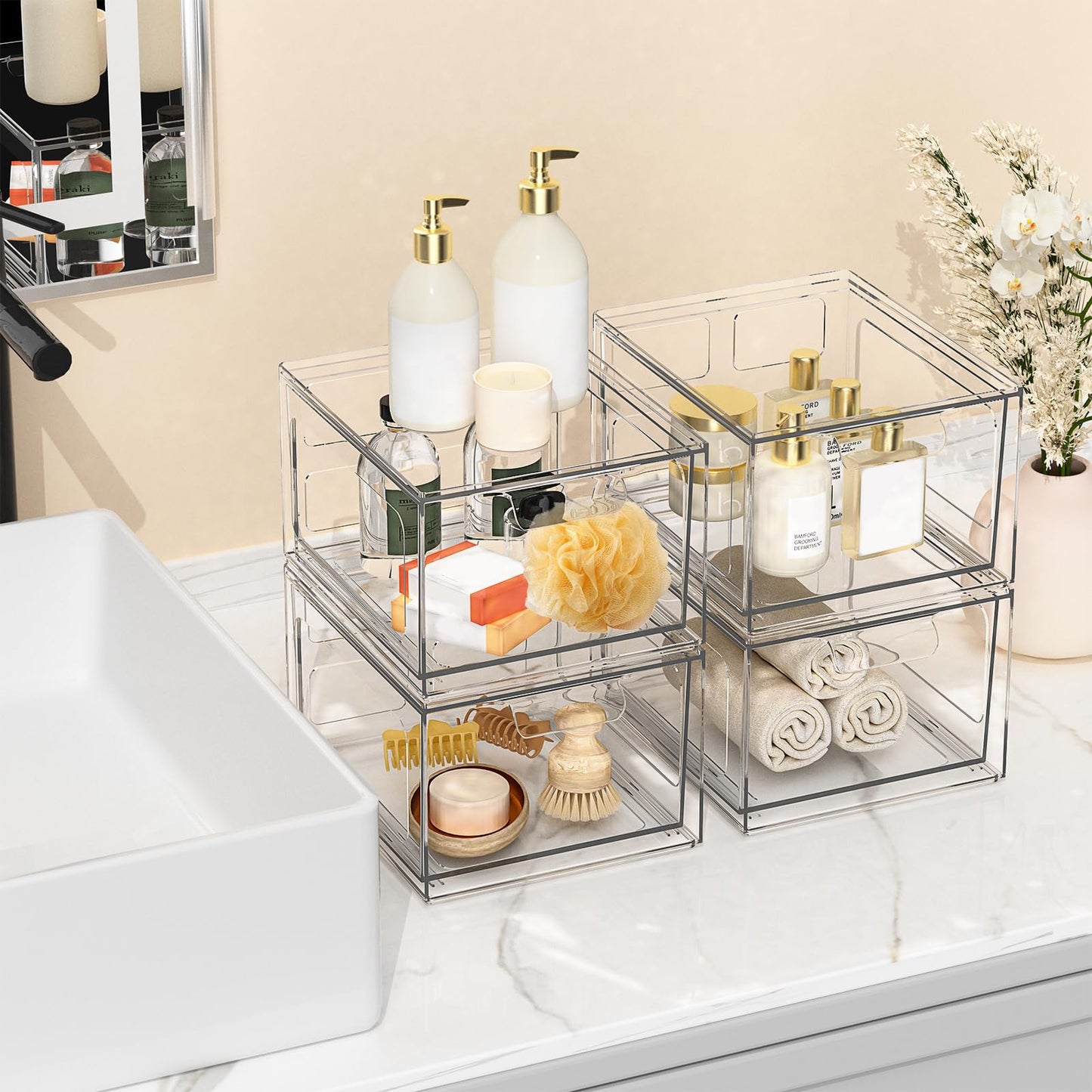 SpaceHacks 6 Pack Stackable Plastic Makeup Organizer Drawers, Acrylic Organizers, Clear Storage Bins with Pull-Out Handles for Vanity, Kitchen Cabinets, Pantry