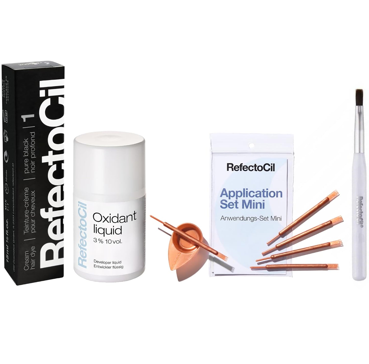 RefectoCil Hair Tinting Kit – Cream Dye + Liquid Developer + Mixing Brush